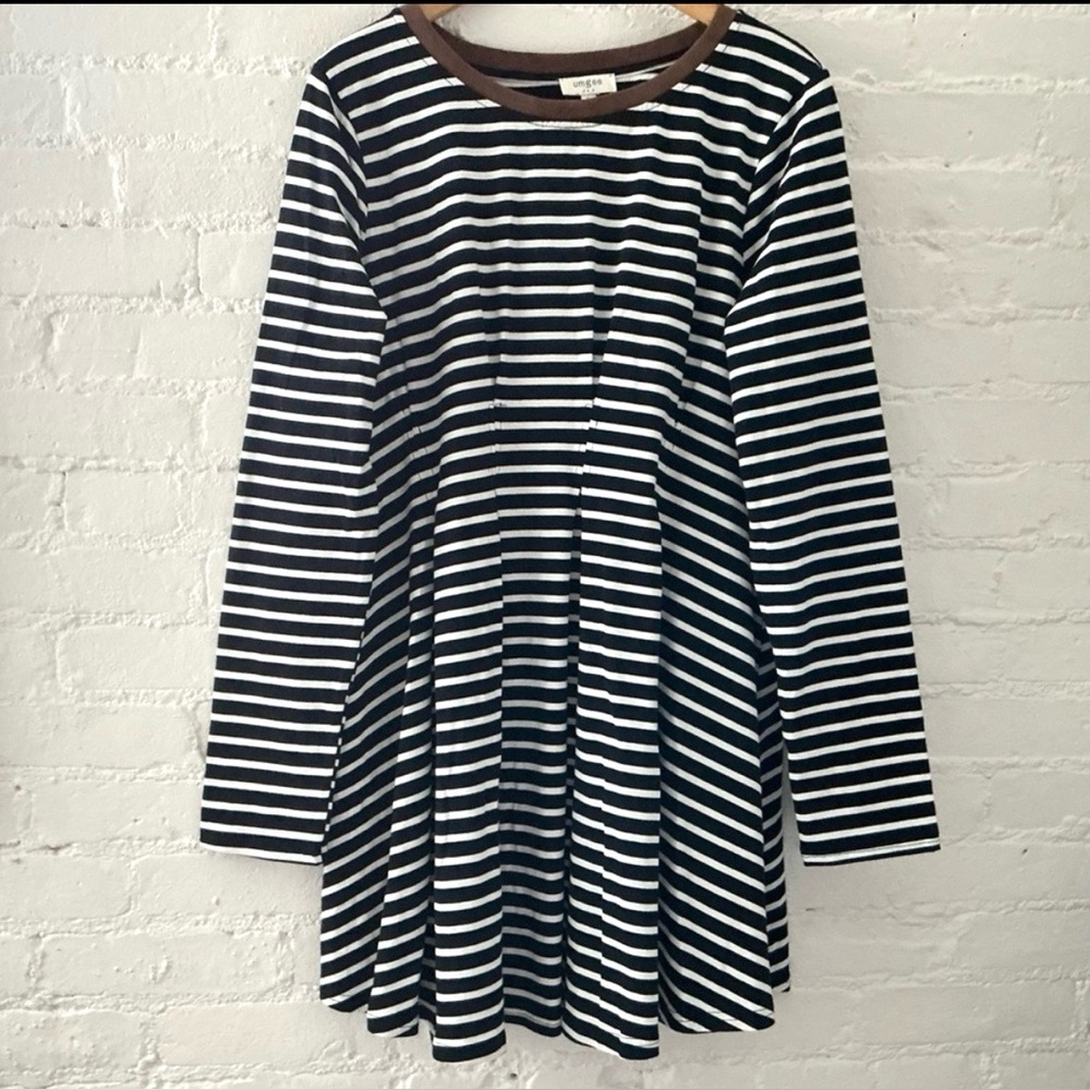 Umgee Long Sleeve Black White Striped Print Flowy Casual Dress Boho Lagenlook L